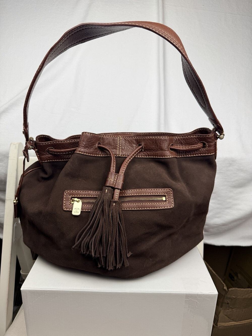 Liz Claiborne Leather Suede Bucket Bag Brown Tassel Drawstring Shoulder Purse
